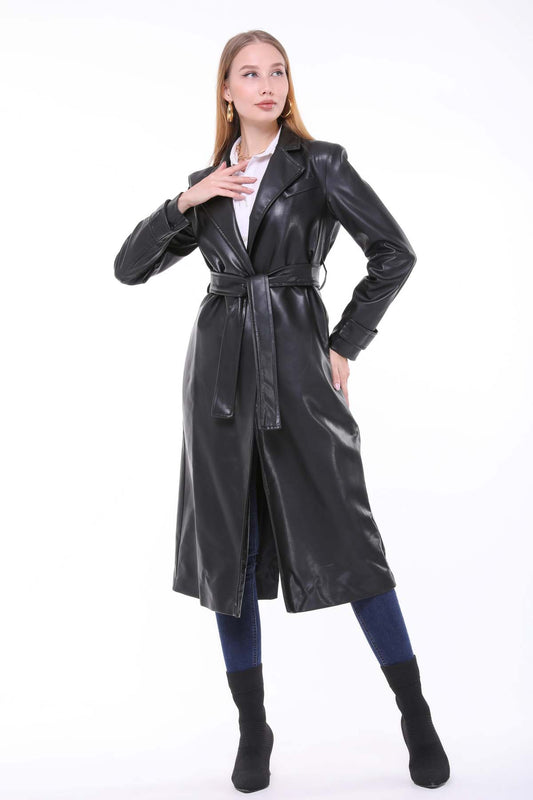 معطف واق من المطر أسود من الجلد الصناعي الأنيق للنساء | بي إف مودا فاشن®