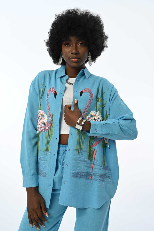 Attraktives blaues Hemd mit Flamingomuster| BF Moda Fashion®