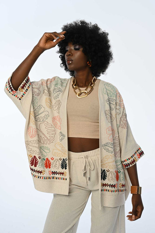 Women's Beige kimono jacket  with elegant embroidery in spring colours | BF MODA FASHION®
