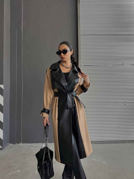 FAUX LEATHER TRENCH WITH BELT- BLACK AND BEIGE
