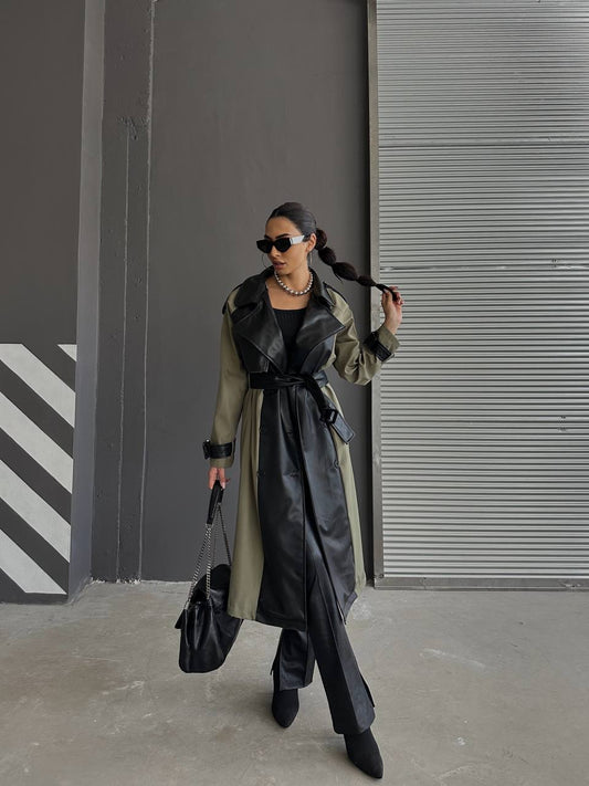 FAUX LEATHER TRENCH WITH BELT- BLACK AND GREEN