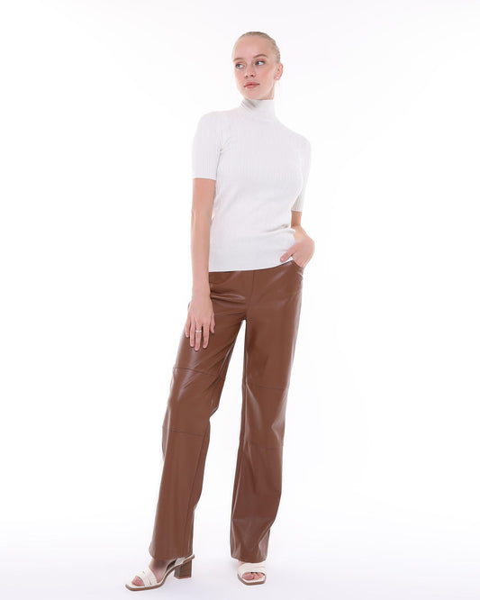 Faux Leather Straight Leg Trousers in Brown| BF MODA FASHION®
