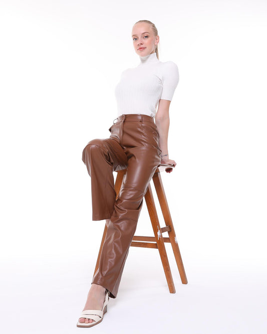 Faux Leather Straight Leg Trousers in Brown| BF MODA FASHION®