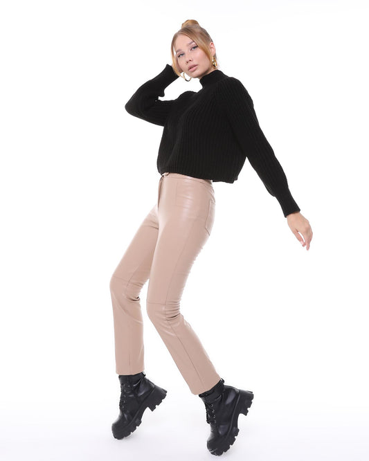 Faux Leather Skinny Fit Trousers in Tan| BF MODA FASHION®