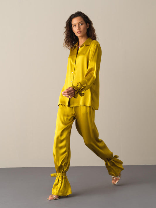 Women's Luxury Gold Satin Trousers with Ankle Ties | BF MODA FASHION®
